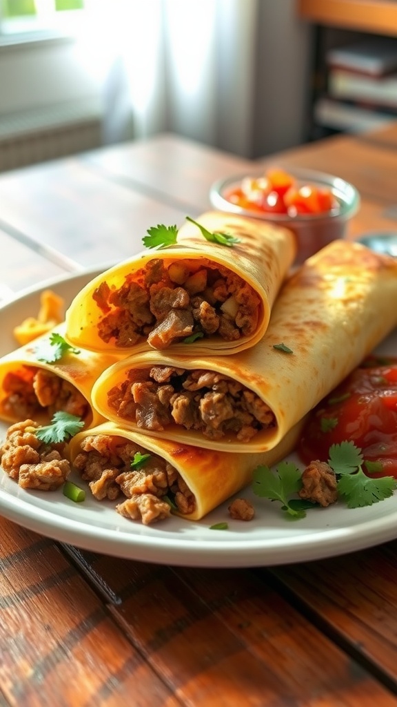 Savory chopped beef breakfast burritos on a plate, garnished with salsa and cilantro, served on a rustic wooden table.